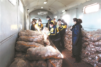 近日,集宁南站工作人员利用k1278次列车行李车装运马铃薯,运往武汉
